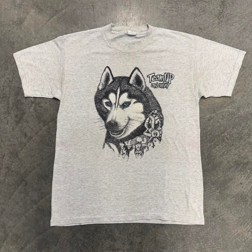 Vintage Wolf T-shirt Alaskan Iditarod Graphic Short Sleeve Gray White Large